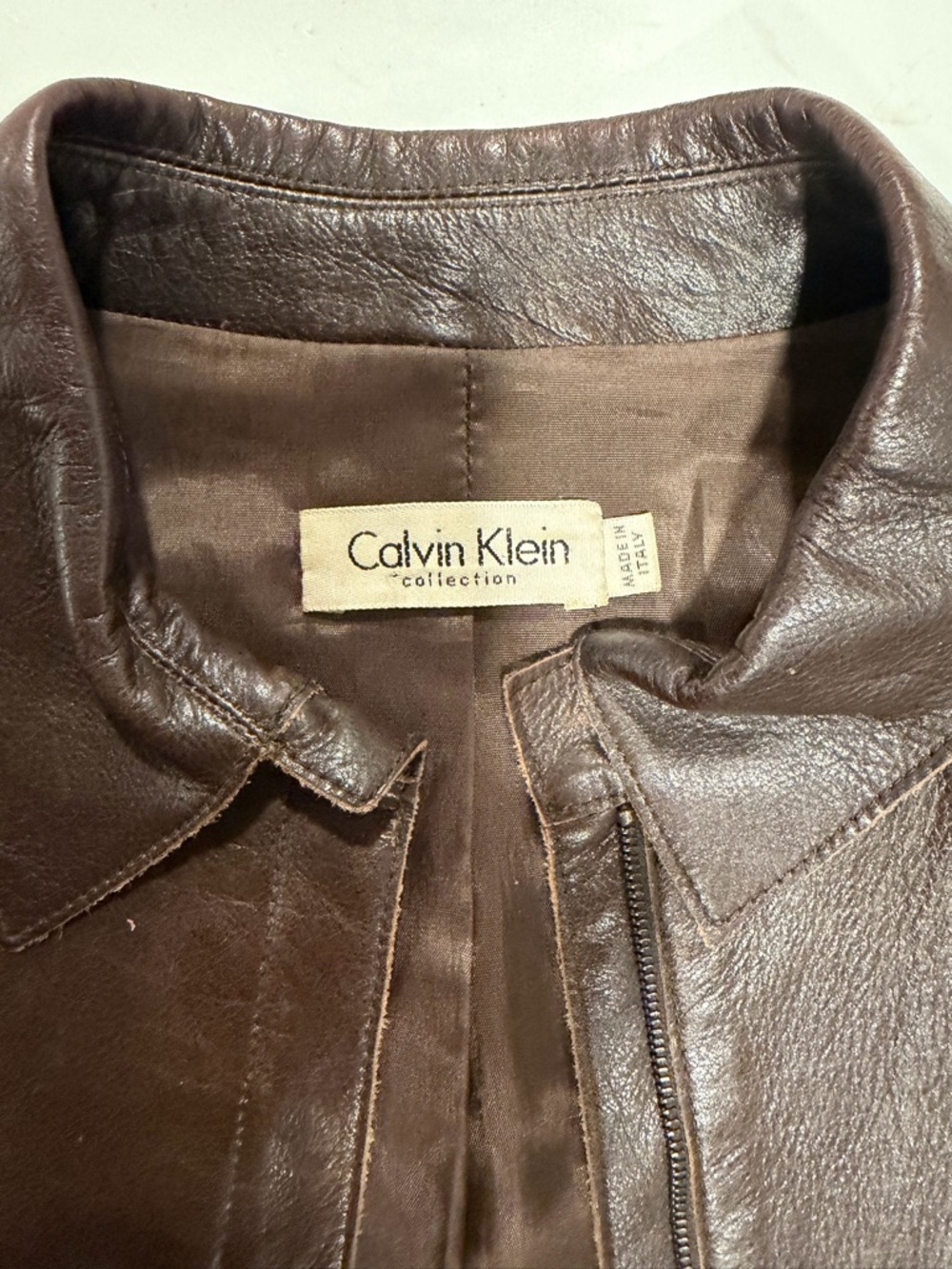 Calvin Klein Brown Leather Fitted Zip-Front Jacket - Picture 4 of 12